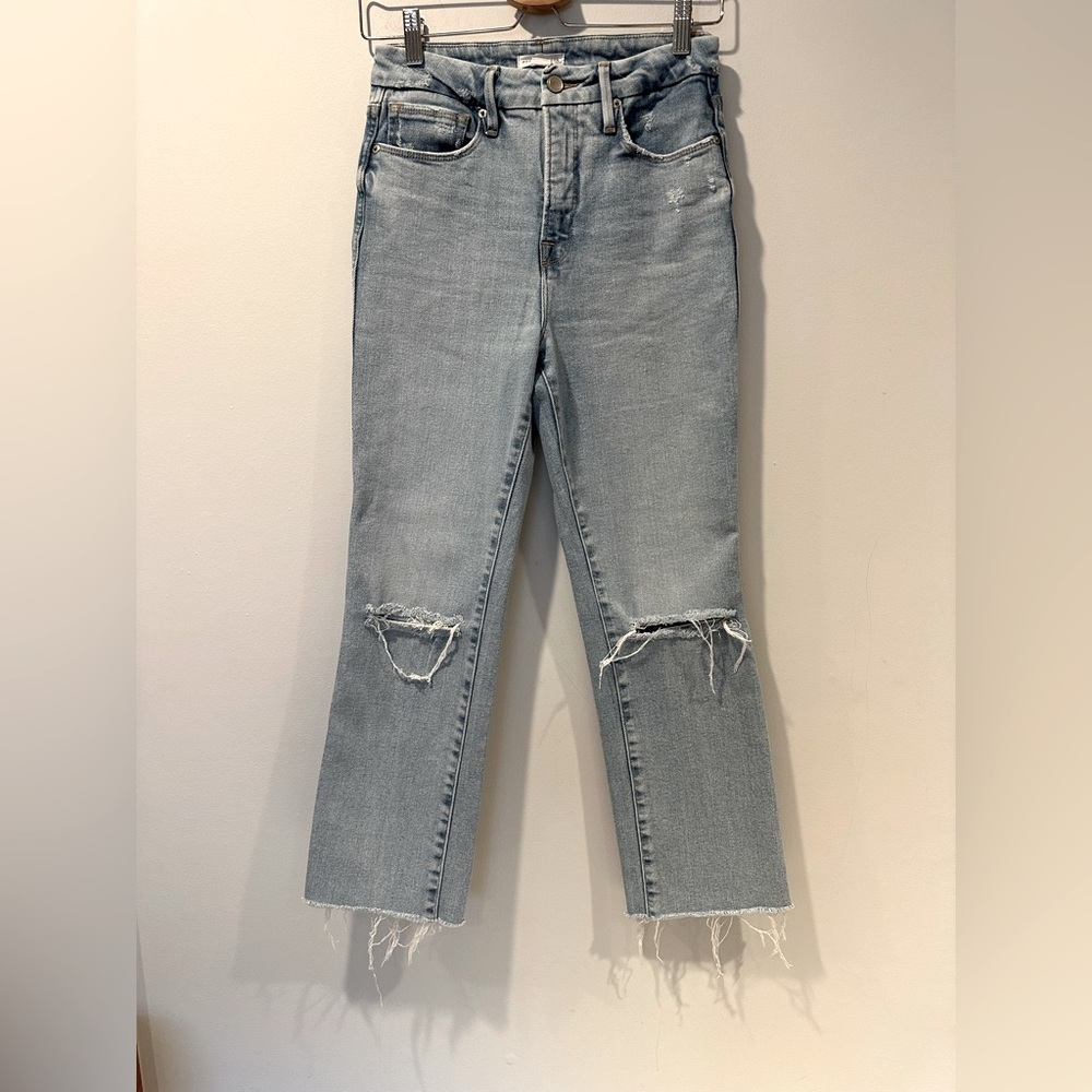 Good American High Rise Cropped jeans with raw hem